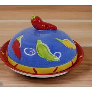 Mesa International Hand Painted Coverd Pepper Dish With Lid 8"1/4x6"1/2 Plate...